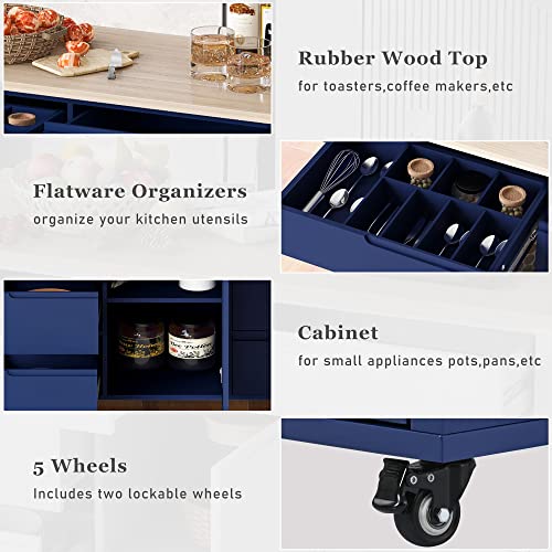 53" Mobile Kitchen Storage Islands with 8 Handle-Free Drawers Including a Flatware Organizer, Rolling Kitchen Island Cart with Storage Cabinet, Modern Kitchen Island Cart with Rubber Wood Top, White