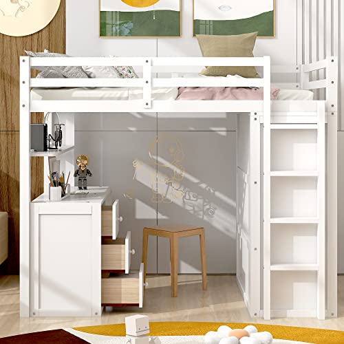 P PURLOVE Full Loft Bed with Desk for Kids,Multifunctioanl Wood High Loft Bed Frame with Storage Drawers,Wardrobe and Shelf,Full Bed Frame with Storage for Kids,Teens,Adults,Espresso