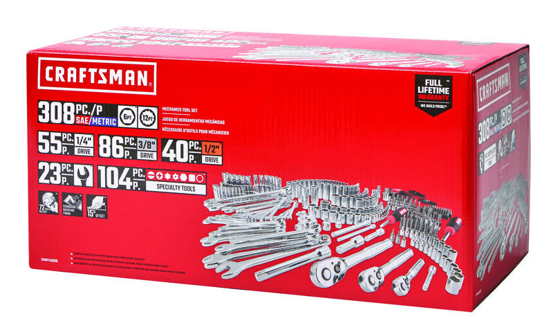Craftsman 1/4, 3/8 and 1/2 in. Drive Metric and SAE 6 and 12 Point Mechanic&s Tool Set 308 pc.