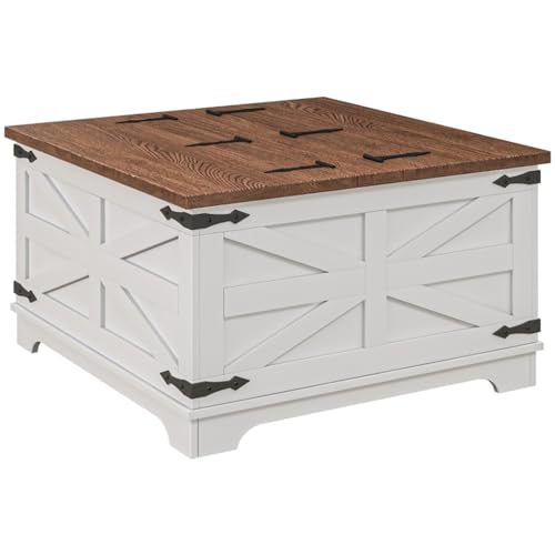 Farmhouse Square Storage Coffee Table with Hinged Lift Top Rustic Wood Center Table with Hidden Storage Compartment & Barn Door Panel Coffee Table for Living Room, Distressed White&Brown