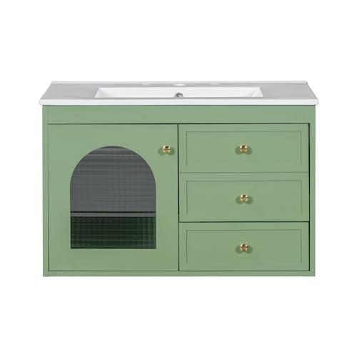 30inch Bathroom Vanity with Sink,Single Sink Bathroom Vanity with 2 Drawers and a Tip-Out Drawer,Easy Assmebly and Clean,for Bathrooms with Small Spaces(White)