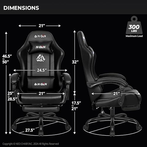 N-GEN Video Gaming Chair with Footrest High Back Ergonomic Comfortable Office Computer Desk with Lumbar Support Height Adjustable with PU Leather Recliner for Adults Women Men (Black)