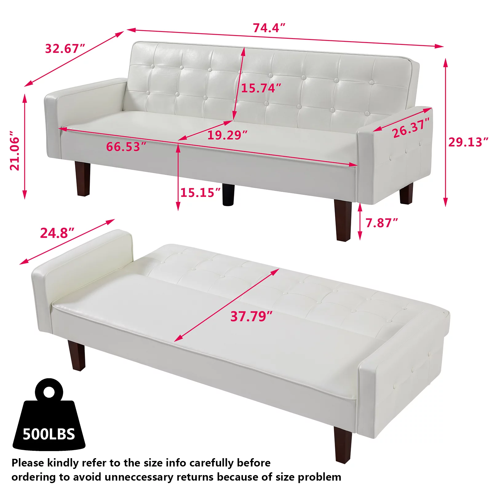 Lemacte White Faux Leather Futon Sofa Couch,Button Tufted Convertible Sleeper Sofa Bed for Small Spaces, Living Room, Bedroom