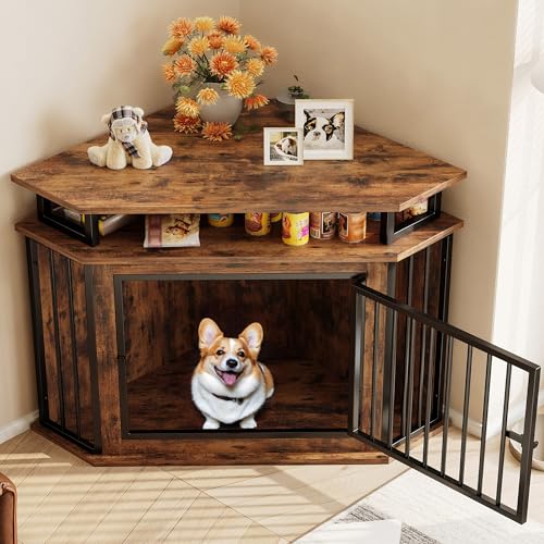 IRONCK 51" Corner Wooden Dog Crate Furniture with 2-Tier Shelves, Pet Kennel for Large Dogs, Space-Saving Dog Cage Indoor, Rustic Brown (26.7" L x 51.2" W x 33.5" H)