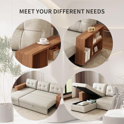 L Shaped Pull Out Couch Bed with Storage Chaise,Convertible Sectional Sleeper Sofa with 2 Wooden Armrests and 3 Removable Back Cushions for Living Room,Office, 84", Beige 1