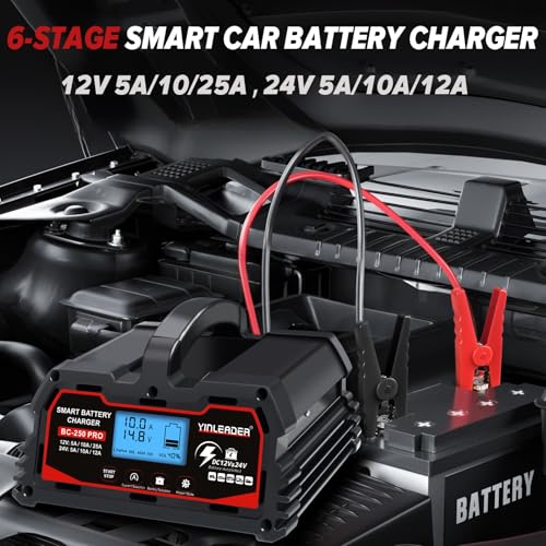 Battery Charger 40A, 12V/24V Lead Acid Smart Battery Charger, 12V LiFePO4 Car Battery Trickle Charger, Automatic Battery Maintainer for Car Motorcycle Lawn Mower Marine Boat Lead Acid Batteries