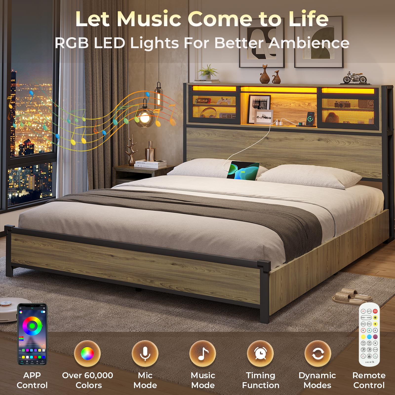 Full Size Metal Platform Bed Frame with 4 Storage Drawers and Charging Station, LED Bed Frame with Storage Headboard, Oak Grey