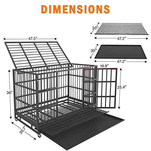 54/48/42/38 inch Heavy Duty Indestructible and Escape-Proof Dog Crate Cage Kennel for Large Dogs, High Anxiety Dog Crate with Removable Wire Trays and Wheels, Extra Large XL XXL