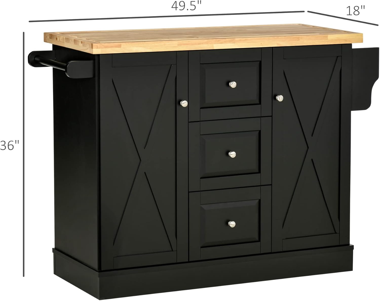 HOMCOM Rolling Kitchen Island with Storage, Kitchen Cart with Wood Top, 3 Drawers and 2 Barn Door Style Cabinet, Adjustable Shelves, Spice Rack, Black