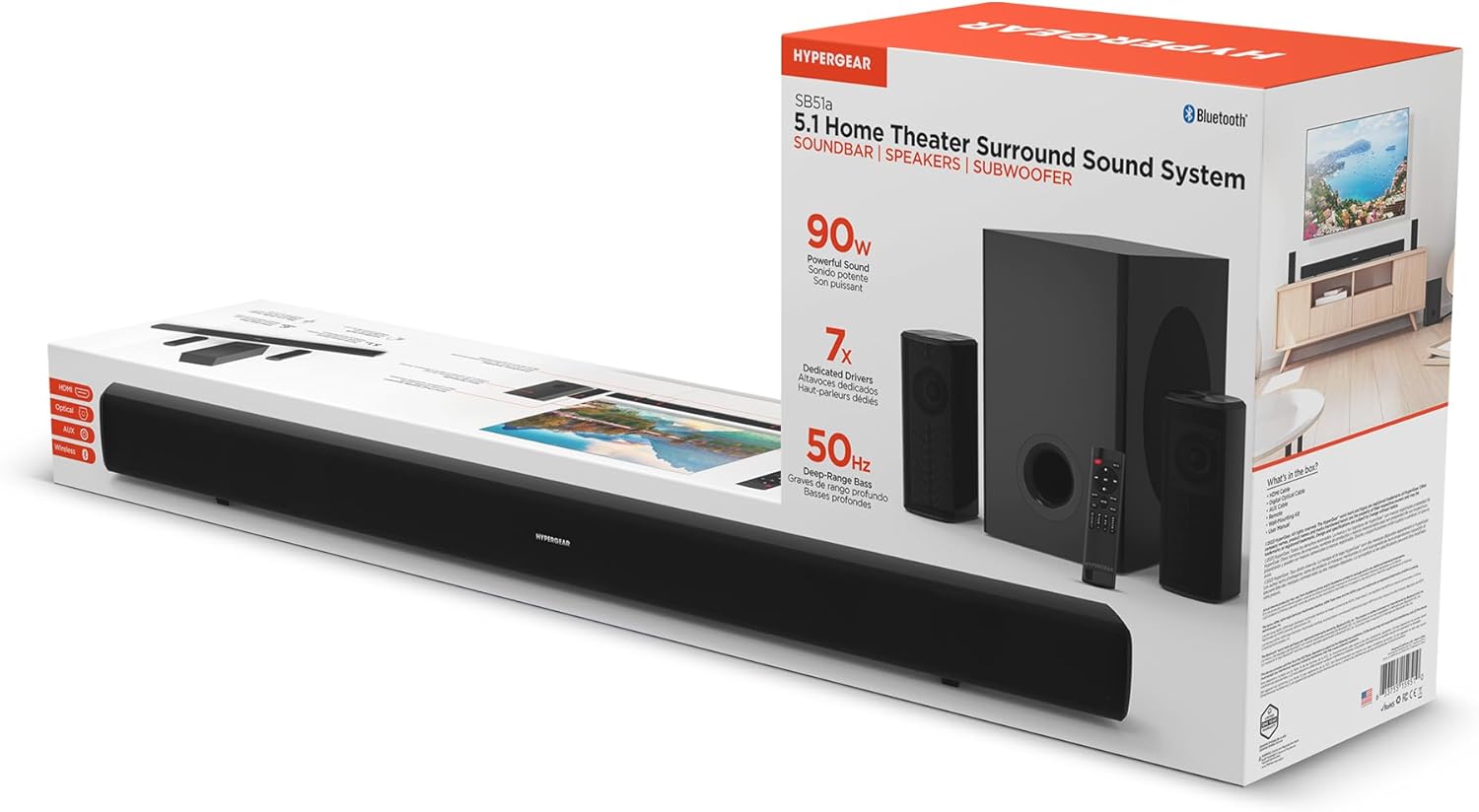 SB51a 5.1 Home Theater Surround Sound System [Soundbar + Dual Speakers + Subwoofer] Powerful Cinematic Surround Sound, Speaker Drivers, Bluetooth HDMI ARC & Digital Optical Inputs for 4K & 8K UHD TVs
