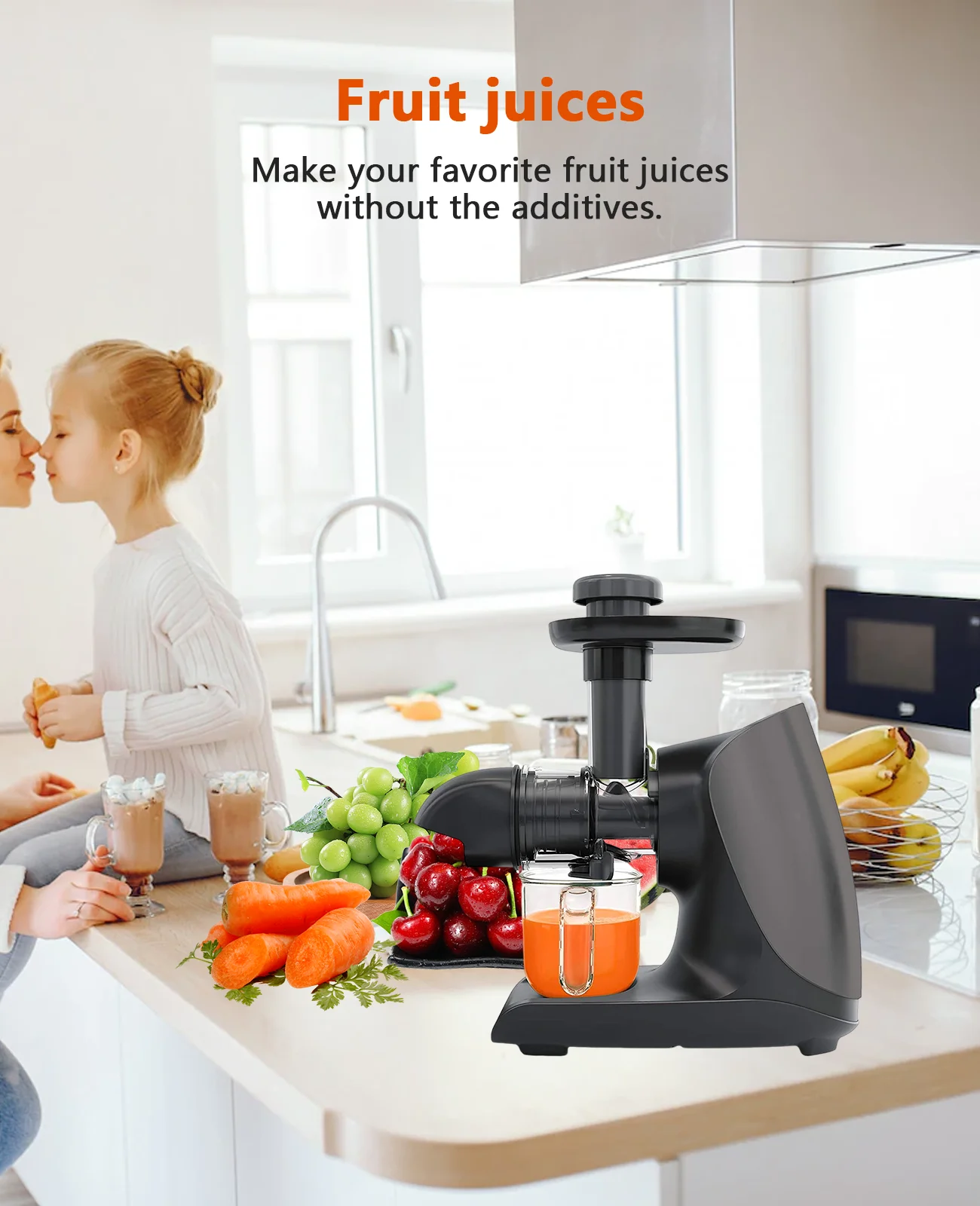 Masticating Juicer for Fruits Vegetables - Cold Press Slow Juicer with Total Pulp Control (Black)