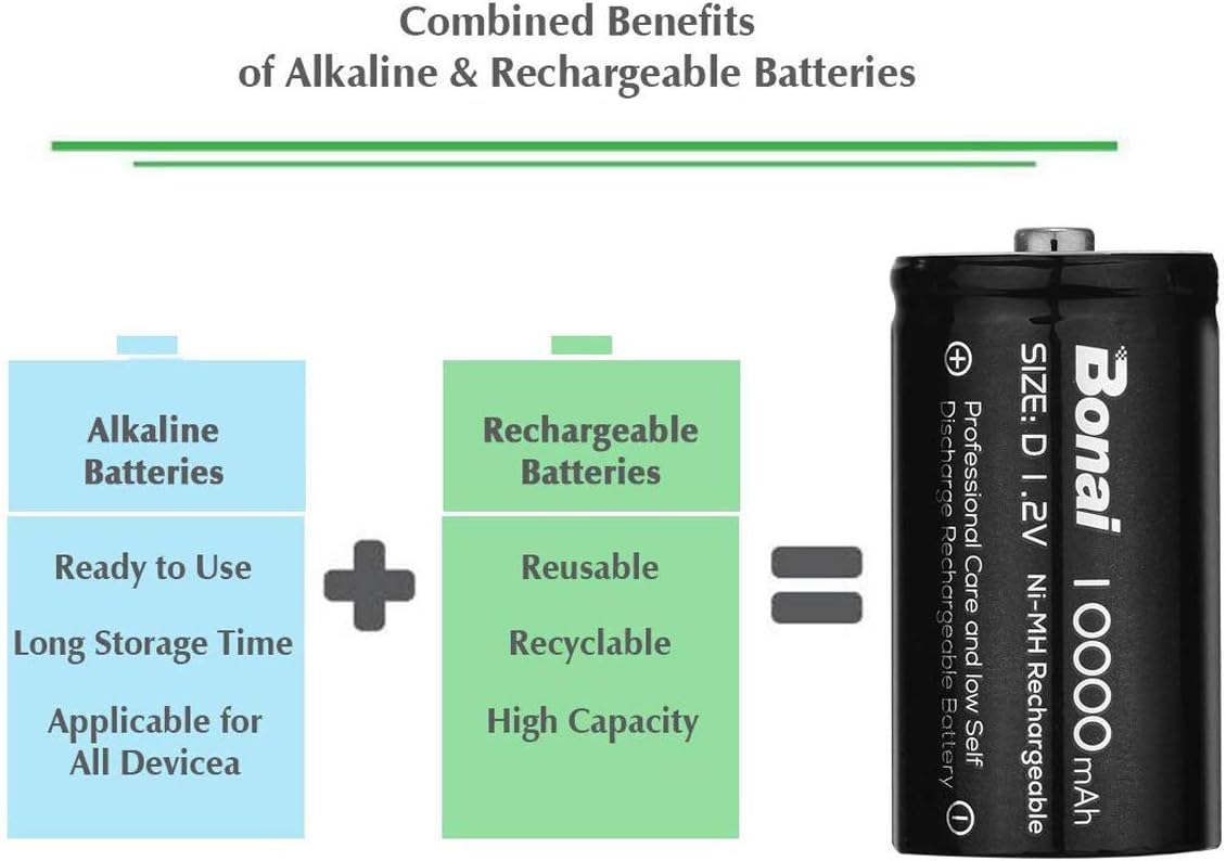 BONAI Rechargeable D Batteries with Charger LCD Smart Battery Charger for C D AA AAA 9V Ni-MH Ni-CD Rechargeable Batteries with 10000mAh Rechargeable D Cells (4 Counts) Pack of 2