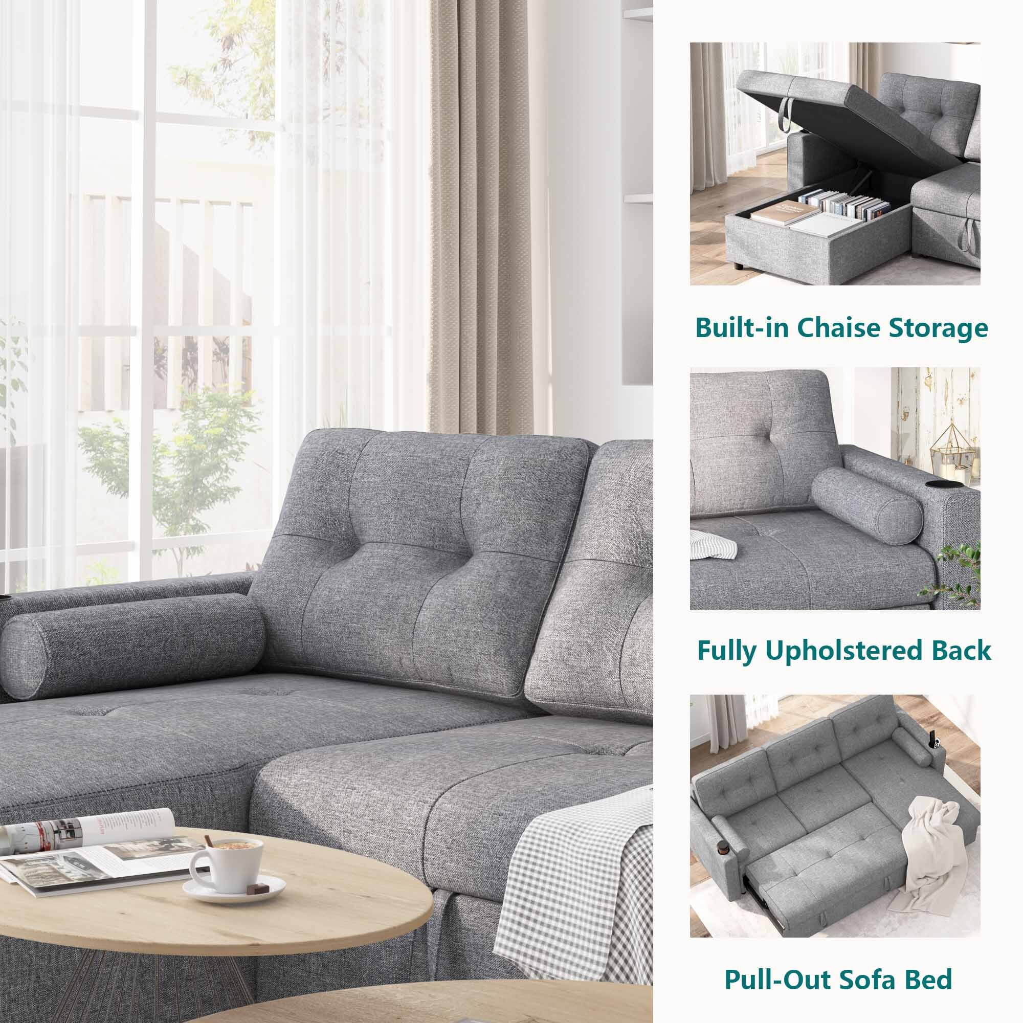 Soges Pull Out Sofa Bed L Shape Sofa with Storage Chaise, 3 Seater Sofa Bed with Cup Holders, Linen Fabric Couch for Living Room, 2 Pillows, Gray