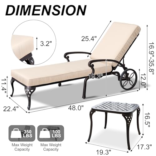 Outdoor Chaise Lounge Chairs, Set of 2 Pool Lounge Chairs Cast Aluminum Tanning Lounges with Cushion Wheels and Adjustable Reclining for Patio Outside(Beige)
