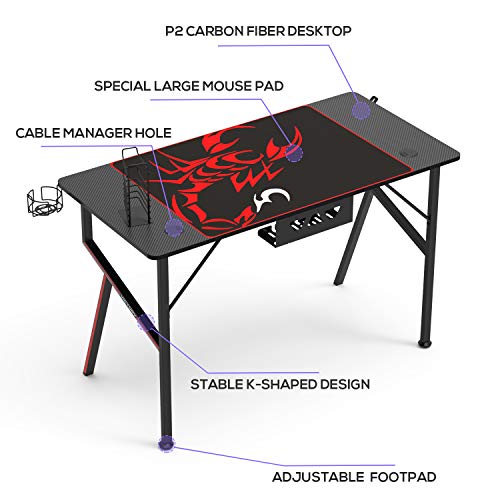 EE EUREKA ERGONOMIC gaming desk office desk Computer Desk home table 47 Inch desk with Mouse Pad Headset Hook Cup Holder Controller Stand, Black