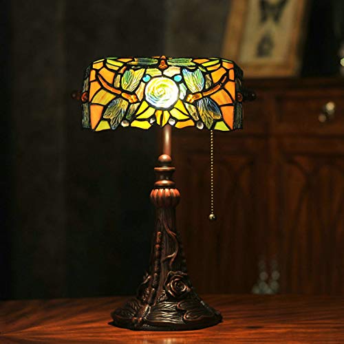 Tiffany Lamp Stained Glass Table Lamp for Living Room Side Dragonfly Piano Lamp Small 15.5" Tall Bedroom Bedside Table Lamp Chain Switch Banker's Home Office Desk Light Farmhouse Lamps