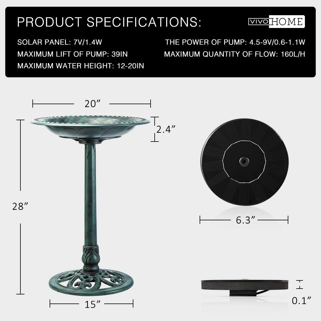 VIVOHOME Outdoor Green Garden Bird Bath and Solar Powered Round Pond Fountain & 30 Inch Height Wrought Iron Bird Cage with Rolling Stand