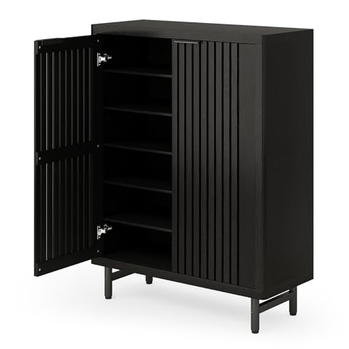 LITTLE TREE 6-Tier Shoe Cabinet with Doors for Up to 24 Pairs, Large Wooden Shoe Storage Cabinet with Adjustable Shelves, Retro Freestanding Shoe Organizer Cabinet for Entryway, Hallway, Dark Walnut
