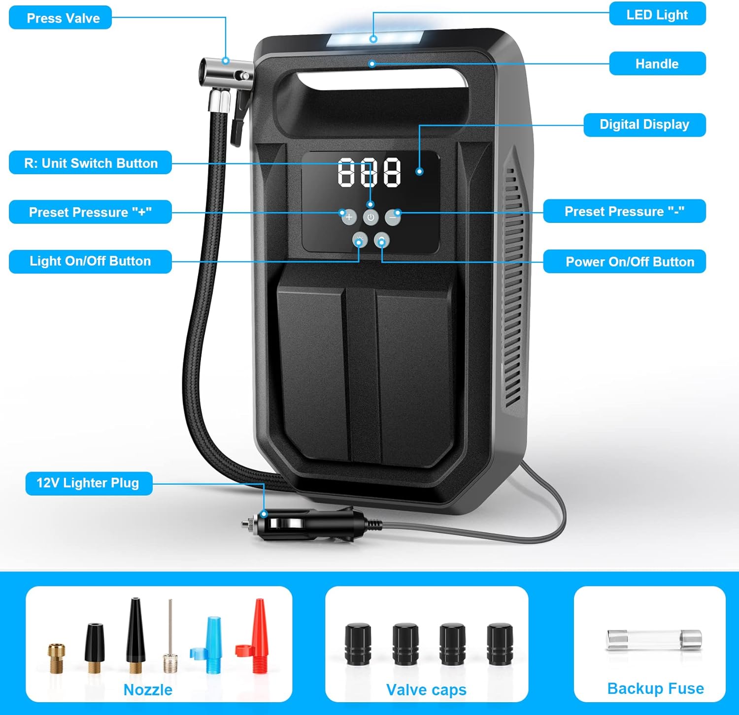 FBK Tire Inflator Portable Air Compressor 12V DC Car Air Pump with Digital Display, LED Light, Auto Shut Off Function, Set of Nozzle Adaptors for Car, Motorcycle, Bicycle, Ball, and Other Inflatables