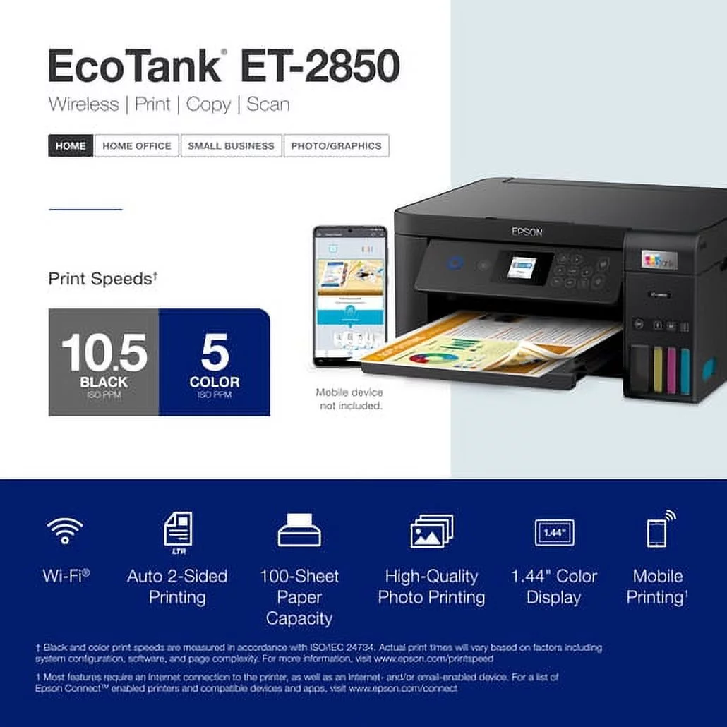Epson EcoTank ET-2850 Wireless Color All-in-One Cartridge-Free Supertank Printer with Scan, Copy and Auto 2-sided Printing ? The Perfect Family Printer