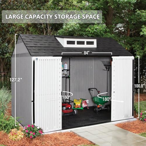Large Resin Outdoor Storage Shed with Floor (7-10.5 Ft) - Weatherproof Double Wall Construction for Lawn Mowers, Garden Tools, Bike & Pool Supplies, Lockable (Brown, 7x7 FT)