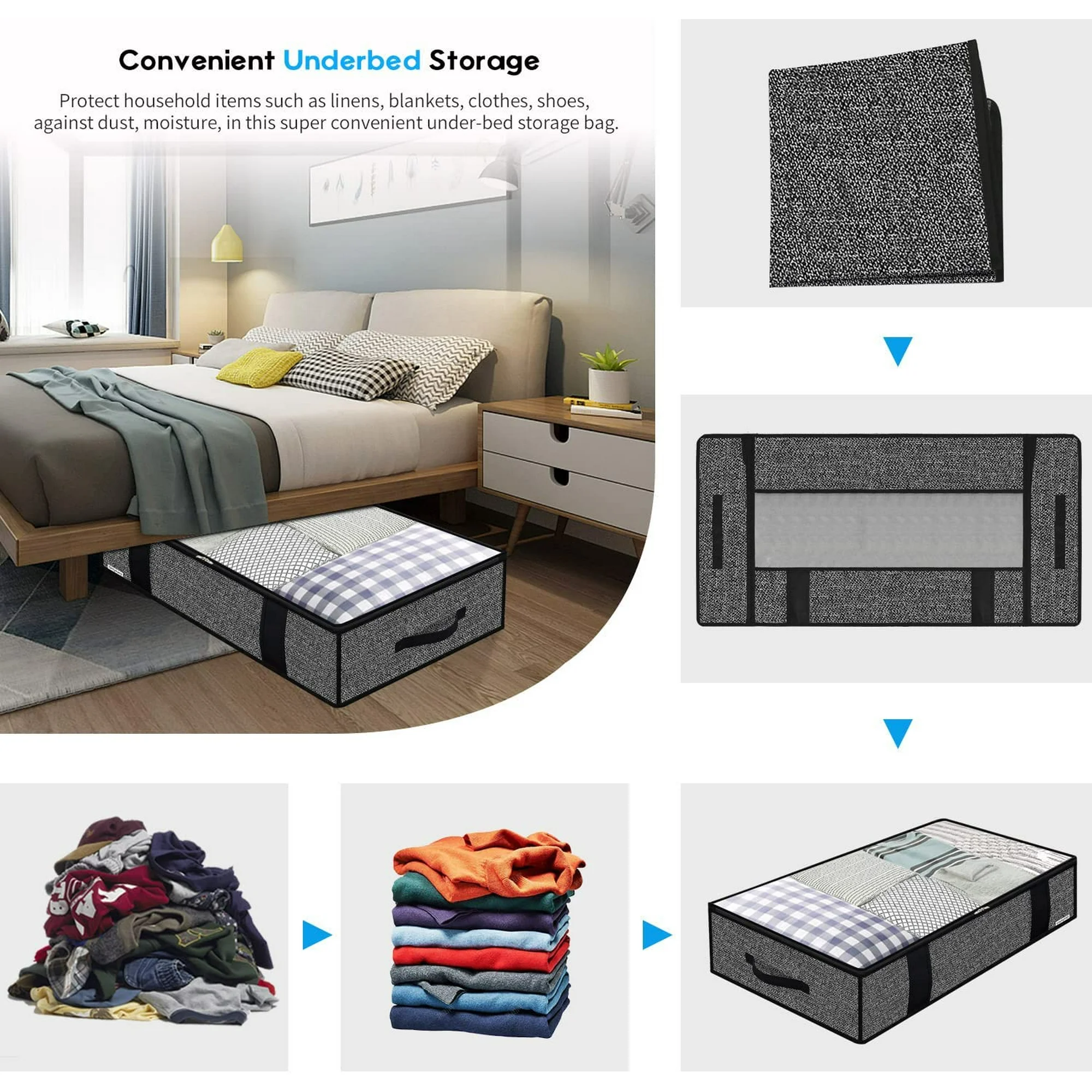Foldable Underbed Bags - Blankets Clothes Comforters Storage Bag Breathable Zippered Organizer for Bedroom with Clear Window