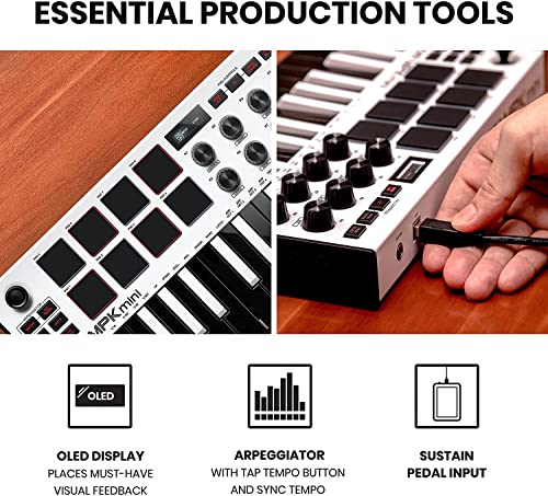 Akai MPK Mini MK3 MIDI Keyboard Controller + M-Audio SP2 Sustain Pedal, with MPC Beats and Software Suite – Beat Maker Bundle (White)