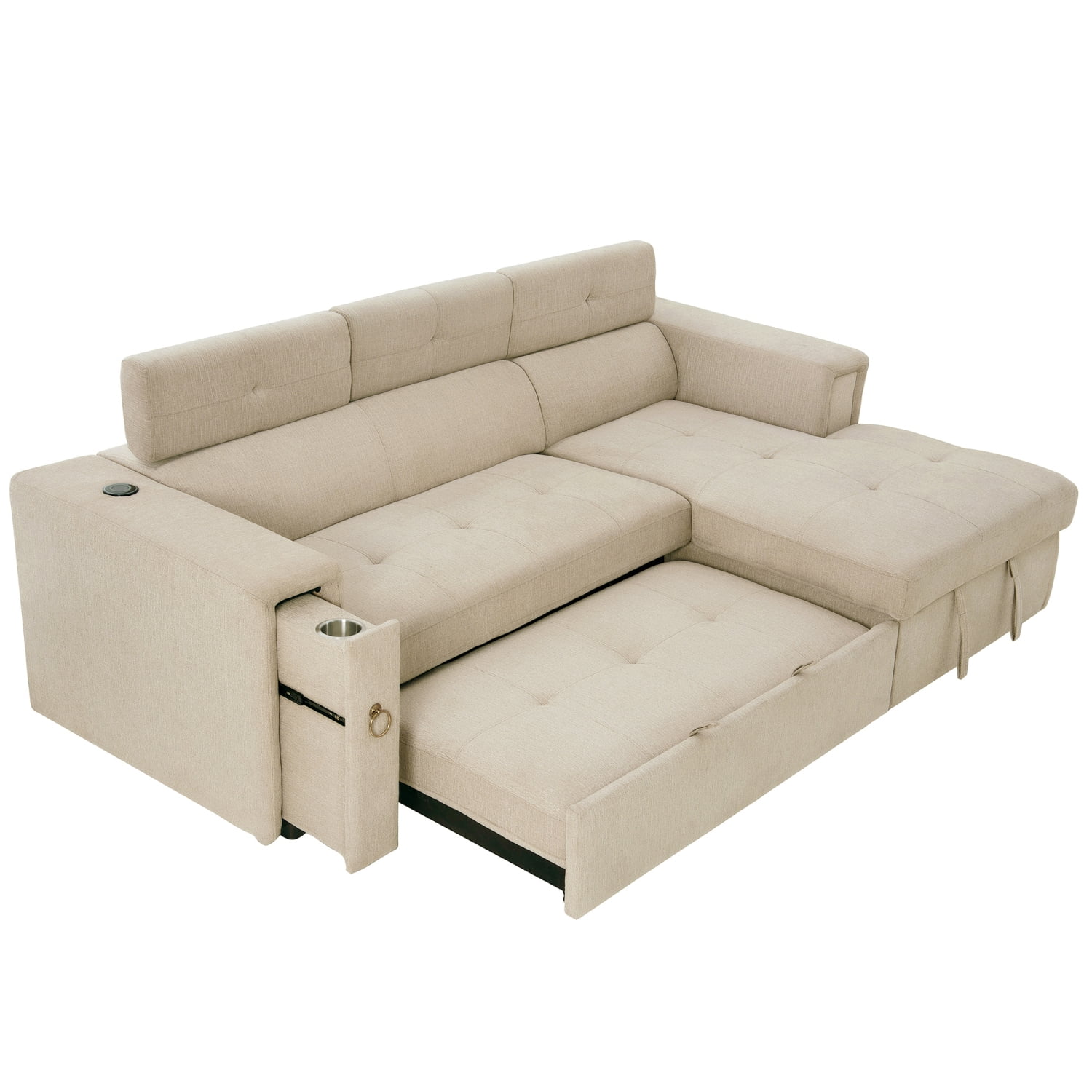 Churanty Pull Out Couch Bed with Storage and Cup Holder Sectional Sleeper Sofa with Wireless Charging L Shaped Couch with Adjustable Headrest Convertible Sofa Bed for Living Room,Beige - Curated Treasures Market