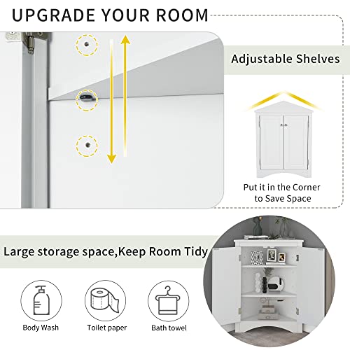 Corner Storage Cabinet, Wood Triangle Bathroom Cabinet with Adjustable Shelves, Freestanding Floor Cabinet with 2 Doors for Home Kitchen Bathroom (Grey + MDF)