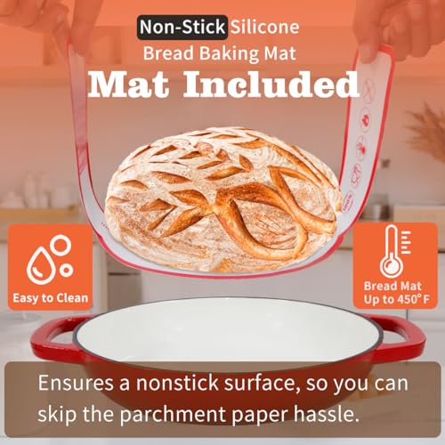Enameled Cast Iron Bread Pan with Lid,11”Bread Pans for Homemade Bread,6 QT Bread Oven,Dutch Oven for Sourdough Bread Baking-with Silicone Baking Mat,6 Quart Thick Enamel Bread Pan-Gifts for Family