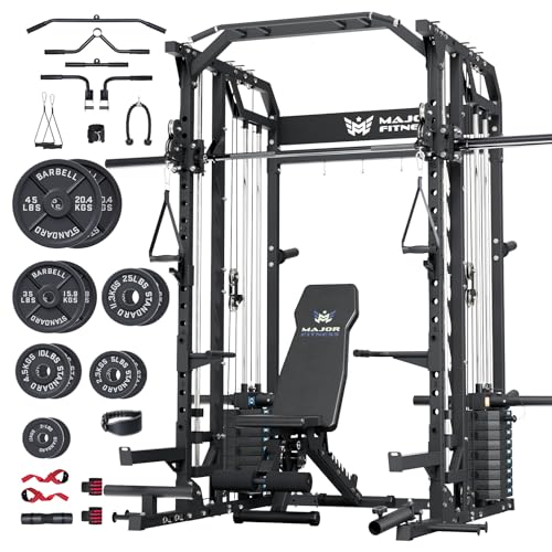 Major Fitness Drone2 Advanced Training Smith Machines– All-in-One Home Gym Squat Rack with Aluminum Pulley Set , Weight Bar, Dual LAT Pull-Down Systems & Cable Crossover Machine for Full-Body Workouts