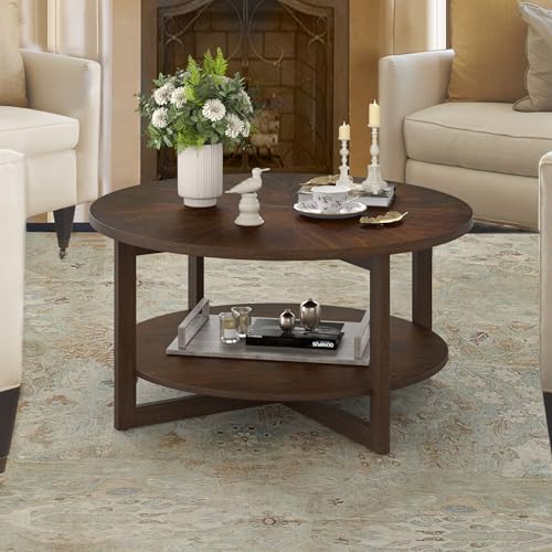 Round Coffee Table, 35" Rustic Modern Circle Coffee Tables with 2-Tier Storage Shelf, Sofa Table, Cocktail Table for Living Room, Dark Brown