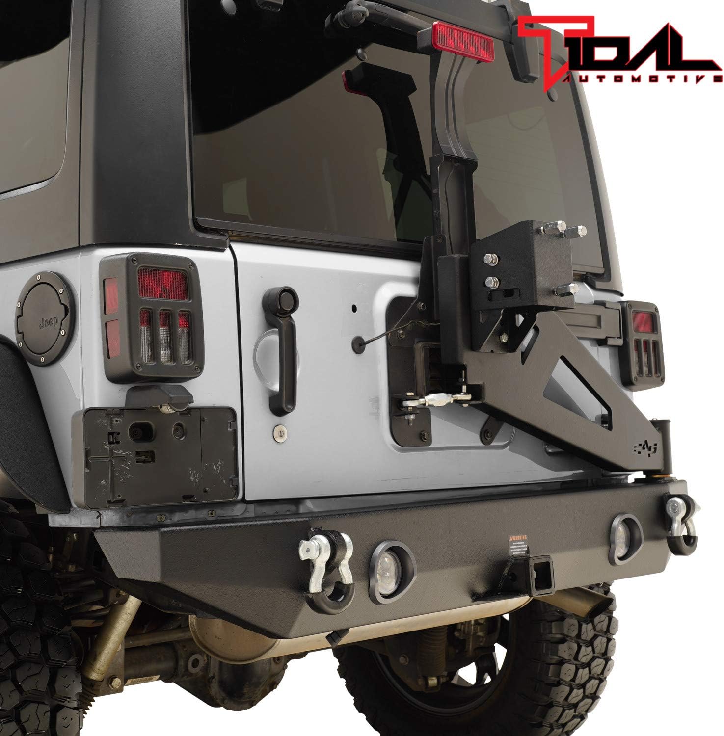 Tidal Rear Bumper & Spare Tire Rack & Hitch Receiver W/2 LED Lights Compatible with 2007-2018 Wrangler JK