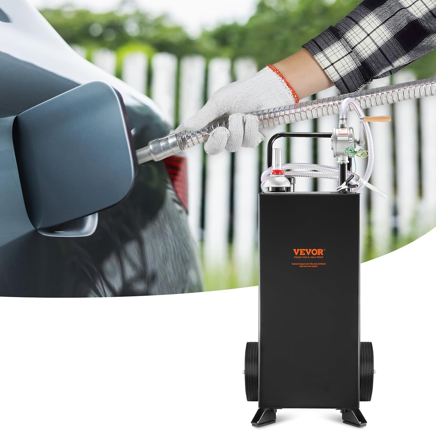 VEVOR Fuel Caddy 30 Gallon, Fuel Storage Tank with Wheels, Portable Gas Caddy with Manual Transfer Pump, Gasoline Diesel Fuel Container for Cars, Lawn Mowers, ATVs, Boats & More, Black