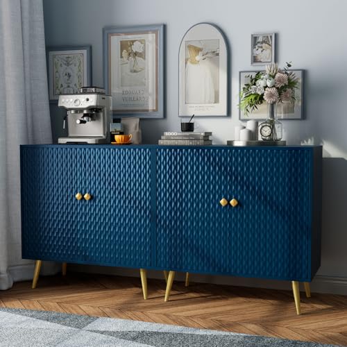 Buffet Cabinet with Storage, Blue Accent Cabinet with Carved Texture, Sideboard Buffet Cabinet with 2 Doors and Shelves, Modern Credenza Storage Cabinet for Living Room