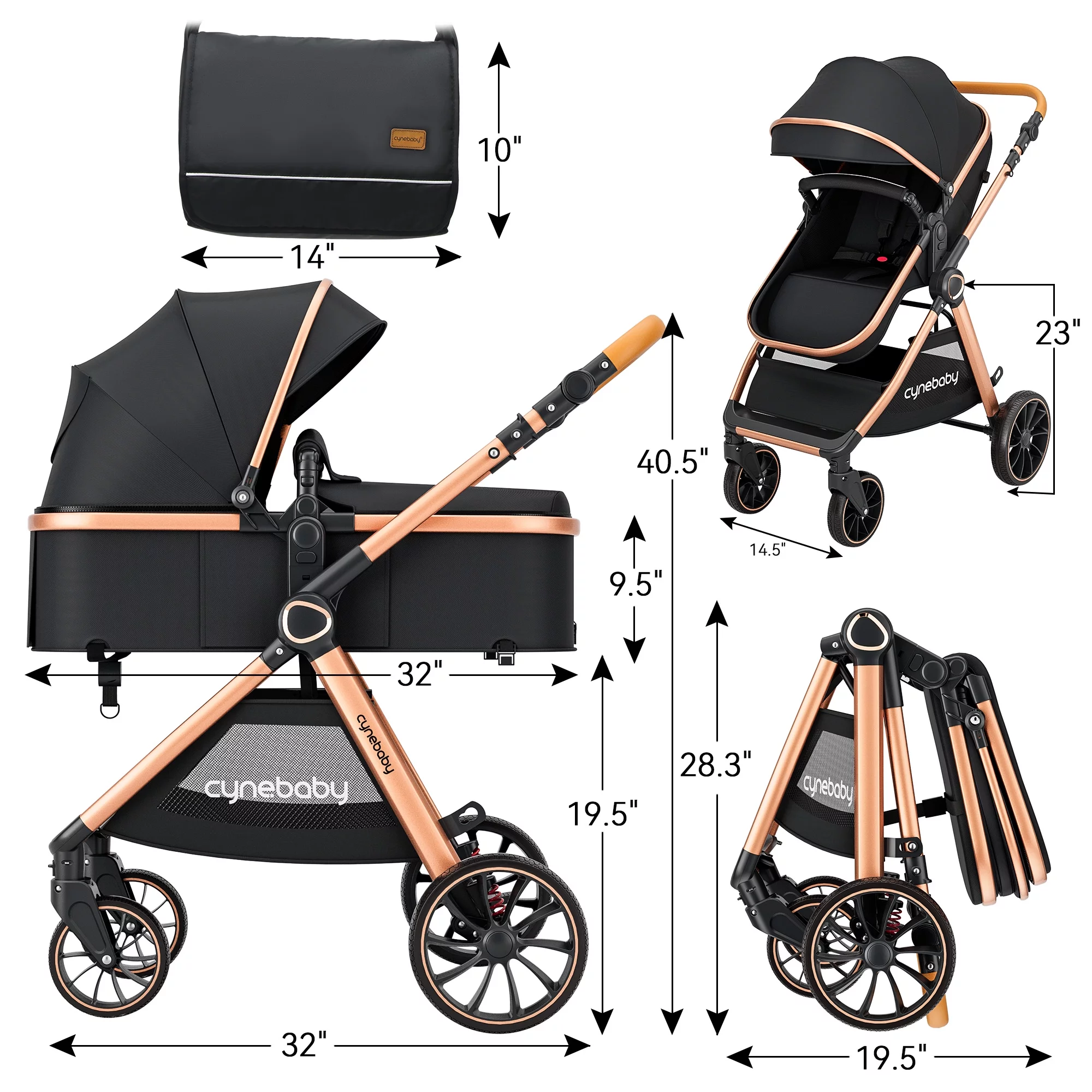 Cynebaby Baby Stroller 2 in 1 Newborn Convertible Stroller Bassinet for Infant, Black
