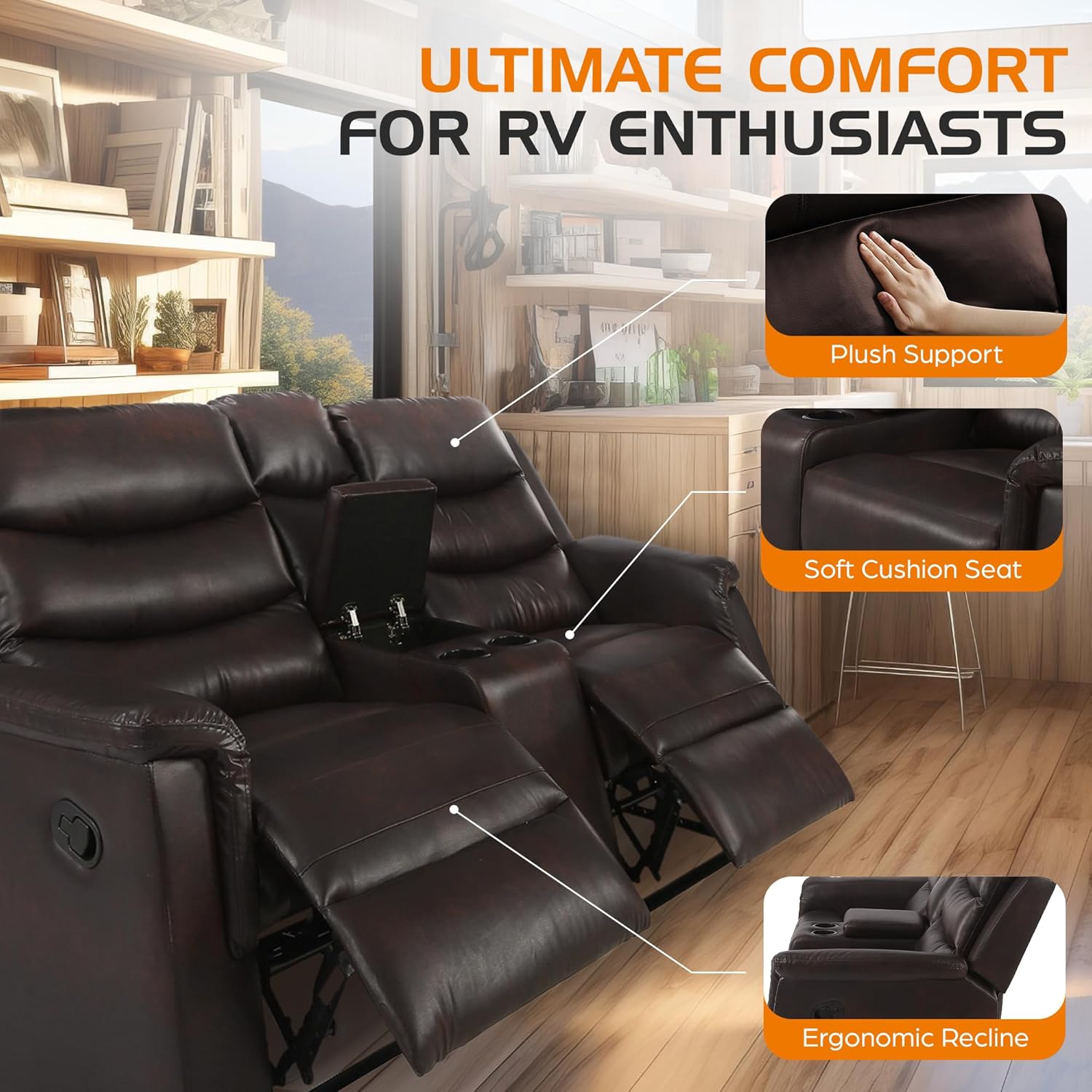 RV Loveseat Recliner Furniture Sofa - 68" Wall Hugger RV Couch with Console Cup Holder - Double Seat Reclining Chair for Motorhomes Camper Travel Trailers Fifth Wheel Browm