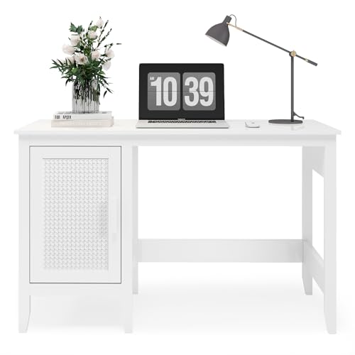 47" Executive Desk,Farmhouse Computer Desk with Drawers and Cabinet，Wood Home Office Desk，Rattan Wicker Desk for Bedroom, White