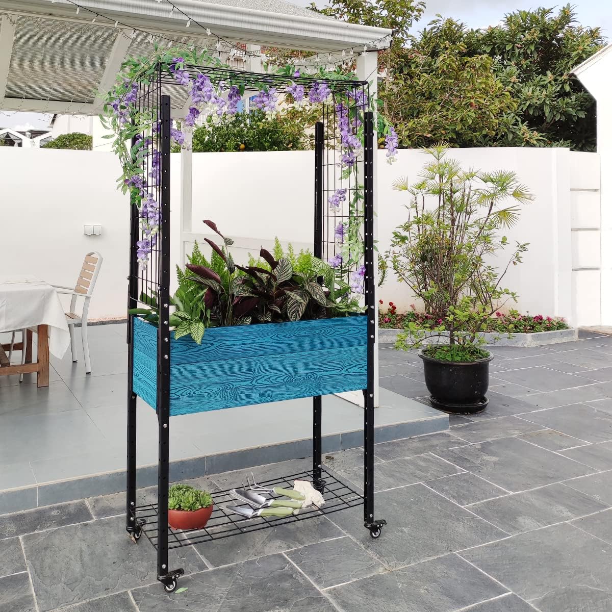 Self Watering Planter Box on Wheels: Raised Bed Planter with Trellis, Mobile Design and Unique Aged Blue Finish - Perfect for Gardeners, Designers, and Architects