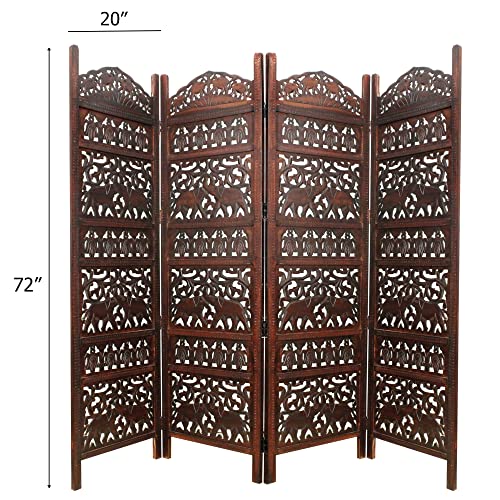 Room Divider Wood Screen - Ghanti Bells Antique Brown - 4 Panel Folding 72 x 80 - Assembled Hand Carved Decorative Functional Versatile Portable Partition Reversible Privacy Boho - COTTON CRAFT