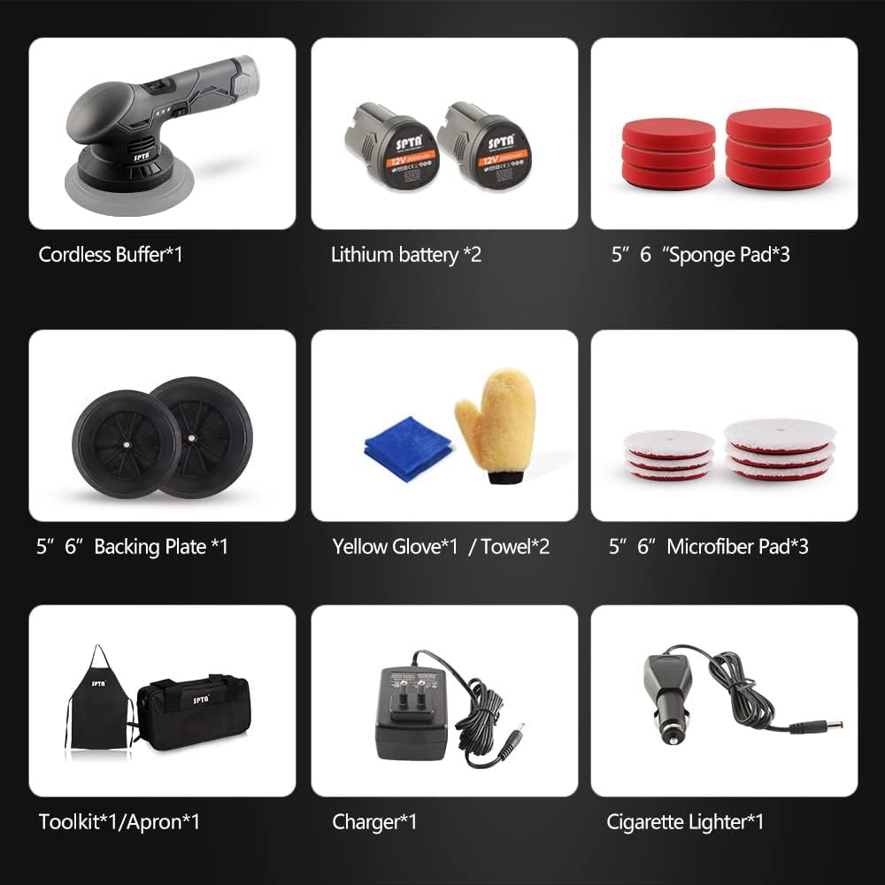 Cordless Car Buffer Polisher, SPTA Polisher with 2Pcs 12V Lithium Rechargeable Battery Brushless Polisher with Variable Speed, Portable Polisher with Polishing Pads Kit For Buffing/Polishing/Sanding