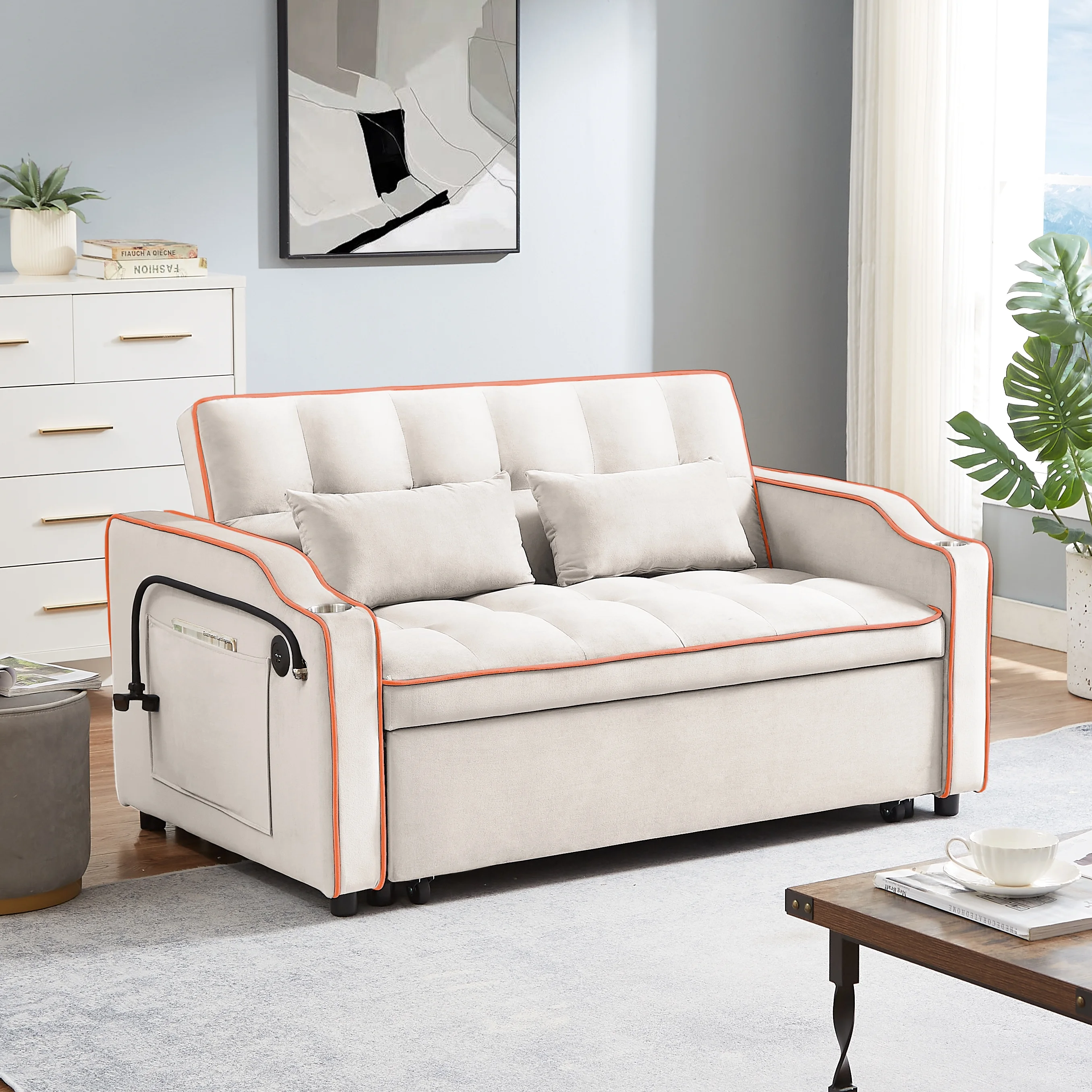 Muumblus Pull Out Sofa Bed, 3-in-1 Convertible Sofa Bed, Modern 2 Seater Sofa Bed with USB Port and Cup Holders, Velvet Loveseat Sleeper for Living Room, Small Spaces, Beige