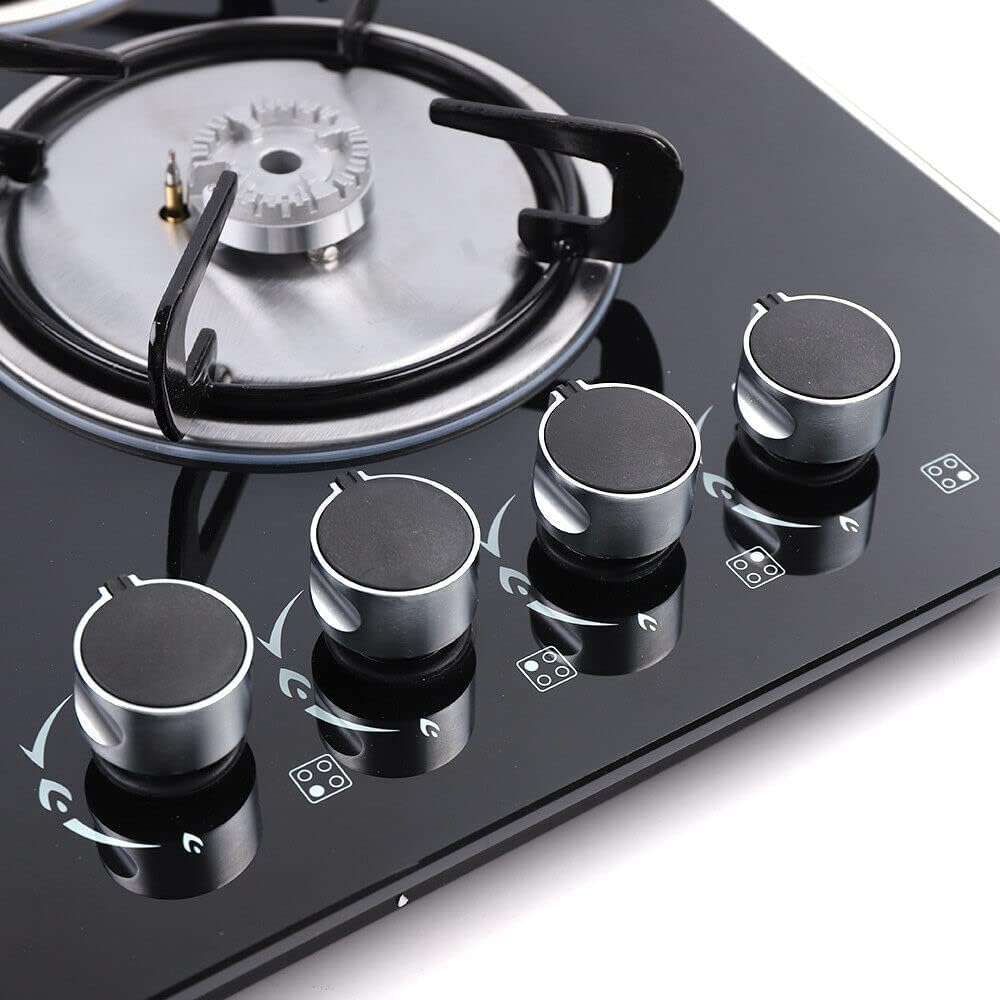 23" Gas Cooktop, Built in Gas Cooktop 4 Burners Stainless Steel Stove Black Tempered Glass Burners Gas Countertop for LPG/NG Dual Fuel Natural Gas/Propane Cooktop Heavy Duty Cast Iron Grates