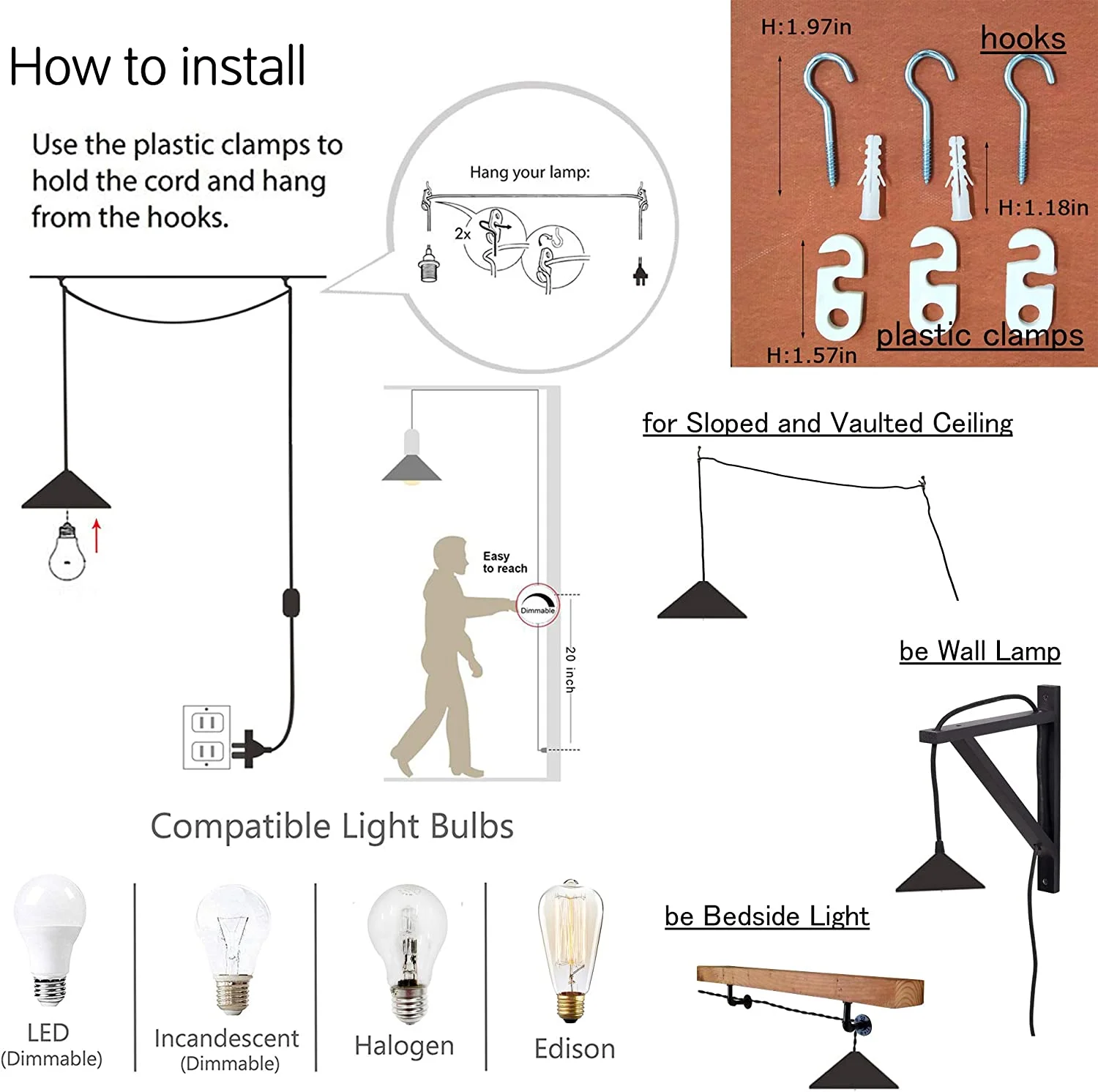 FSLiving Hanging Swag Lamp Pendant Light with 15ft Plug-in UL Dimmable Cord Brass Finished E26 Socket Tiffany Blue Streak Glass Lamp Nordic Industrial Hanging Lamp,Bulbs Not Included - 1 Pack