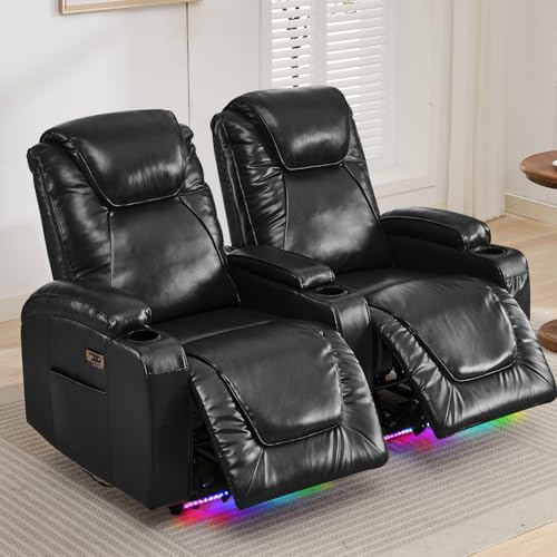 RV Reclining Loveseat Recliner Wall Hugger Recliners RV Theater Seating Seats Theater Chair Theater Recliner Sofa Love Seat with LED Light/USB/Type C/Cup Holders,Power Recliner Chair (Blue, 62)