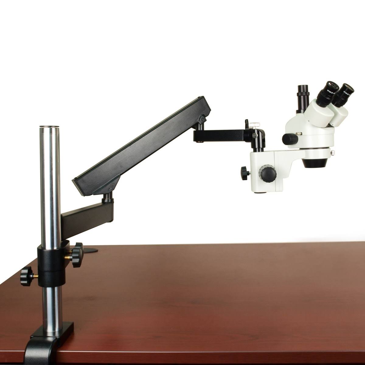OMAX 7X-45X Zoom Trinocular Stereo Microscope on Articulating Arm Post Stand