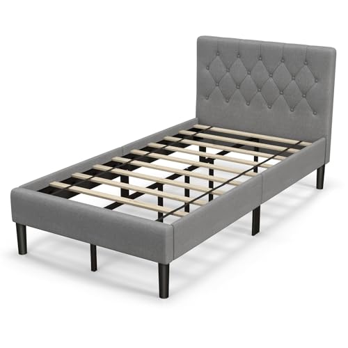 Giantex Twin Bed Frames for Kids, Modern Upholstered Platform Bed with Button Tufted Headboard, Wooden Slats Support Mattress Foundation, No Box Spring Needed, Kids Twin Bed for Girls Boys, Grey