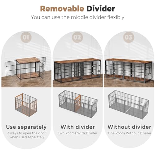 94.48'' Dog Crate Furniture Large Breed TV Stand with Double Rooms for 2 Dogs,Wooden Dog Kennel Dog Crate End Table with Removable Divider for Large Medium Dogs, Can Use Separately