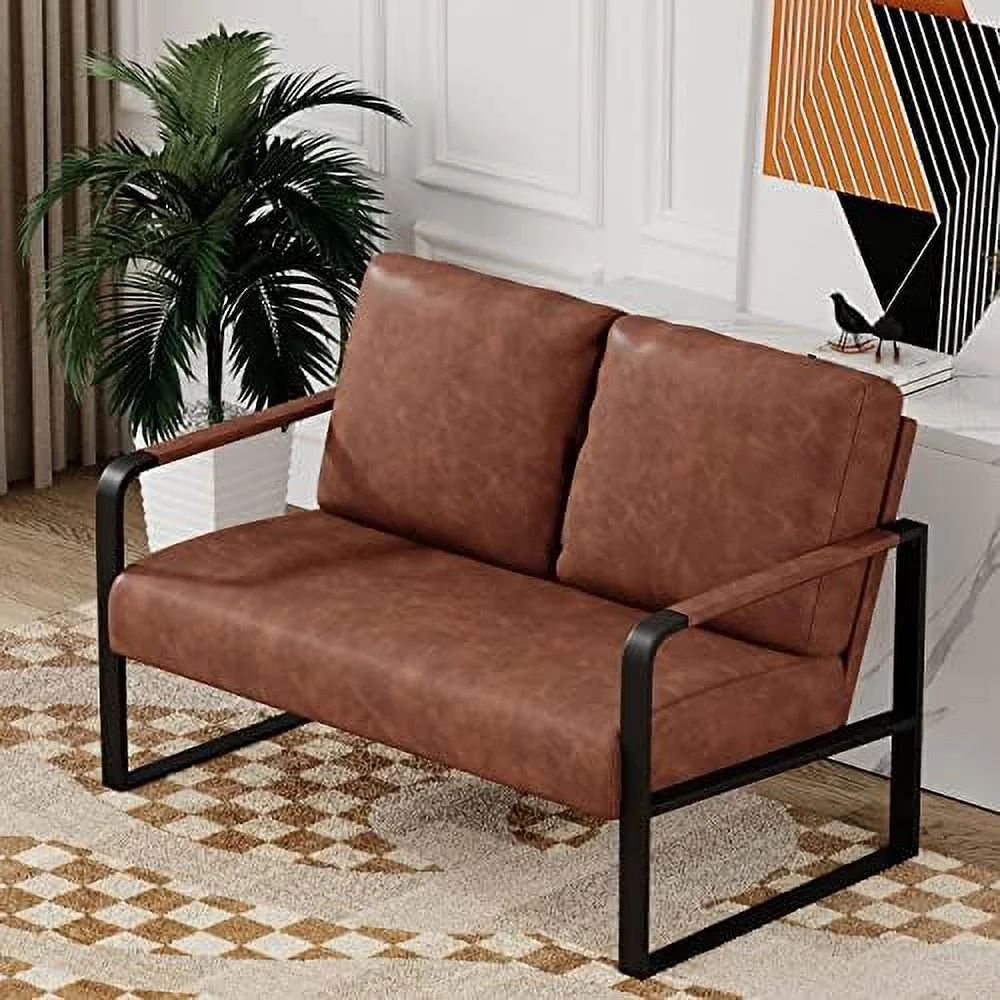 xrboomlife Love Seat Mini Couch Small Settee Loveseat Bench for Living Room  Faux Leather Loveseat Sofa Small Sofa Couches for Small Spaces with Padded Cushion  Mid Century Modern Dark Br