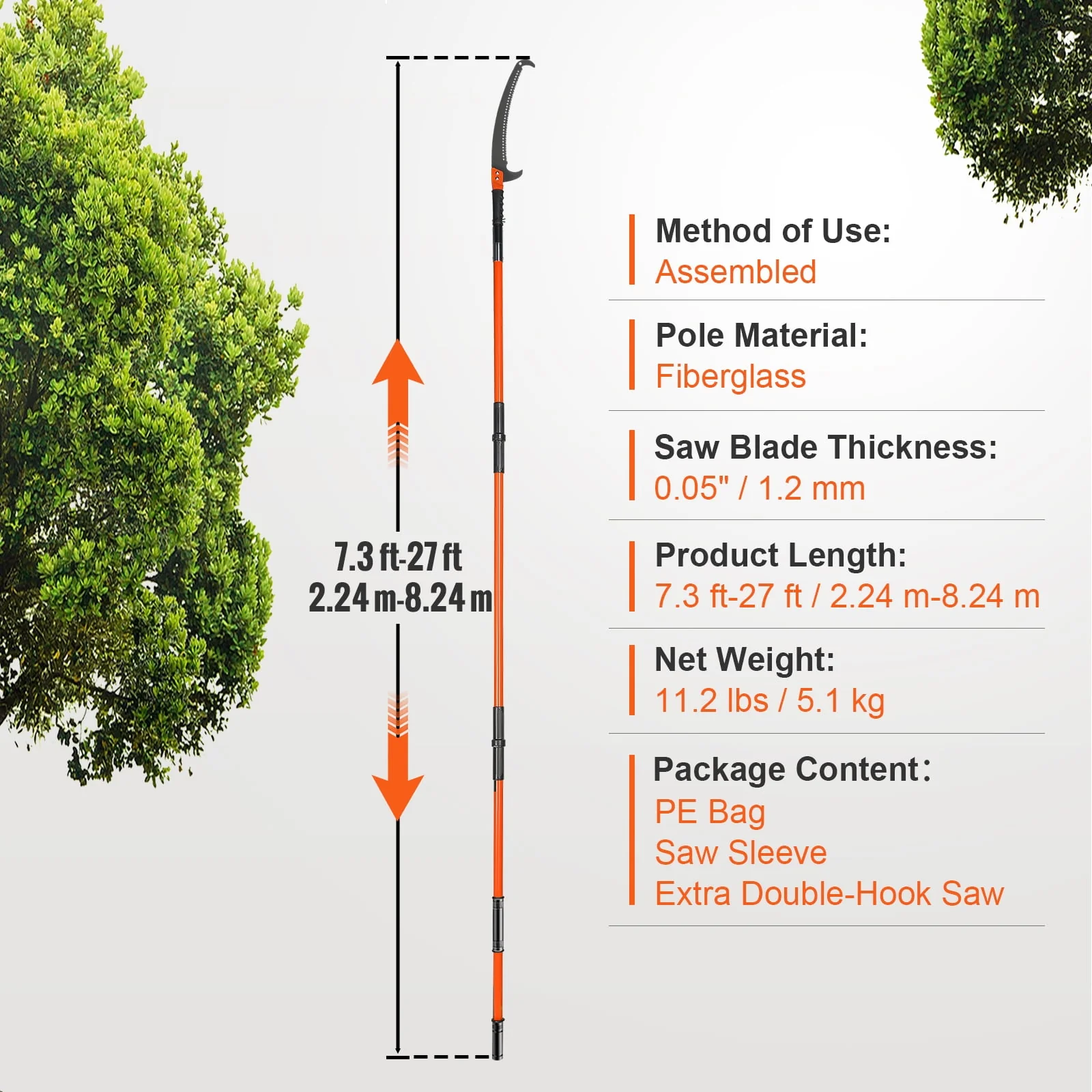 BENTISM Manual Pole Saw Extendable Tree Pruner 7.3-27ft Fiberglass Pole Hook Knife